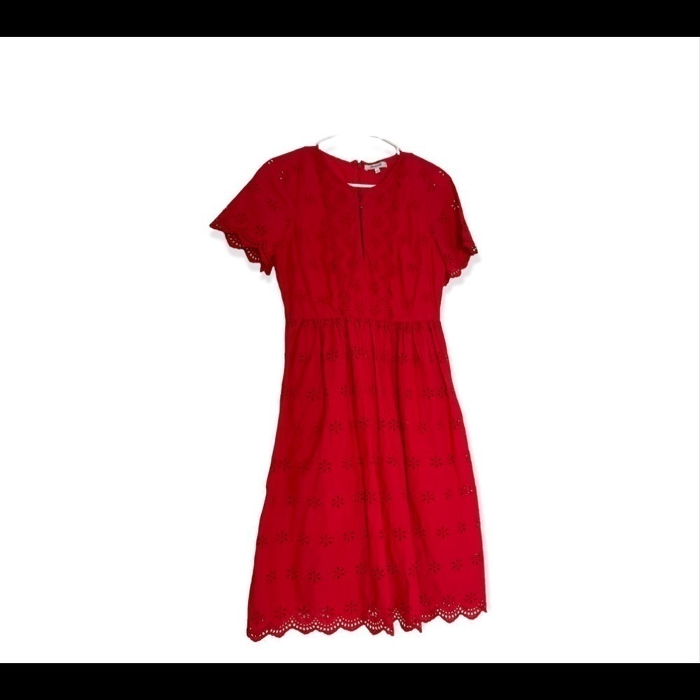 MADEWELL Scalloped Eyelet Midi Dress Short Sleeve Prairie Red Cotton - Picture 2 of 9
